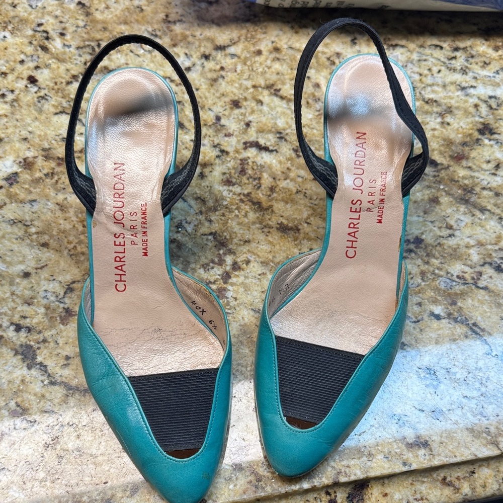 Vintage Charles Jourdan Teal and Black Heels